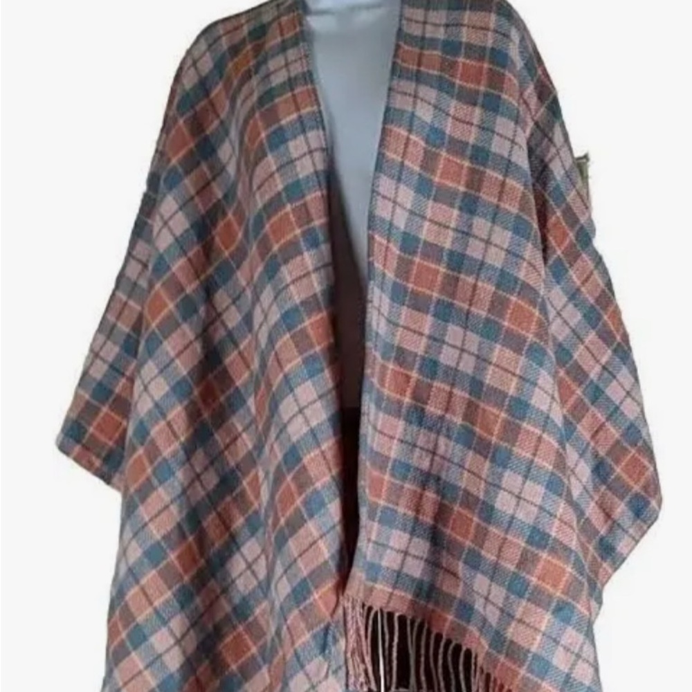 NWT J Crew Reversible Blanket Poncho BB119 XS/S  Wool Blend Salmon Plaid